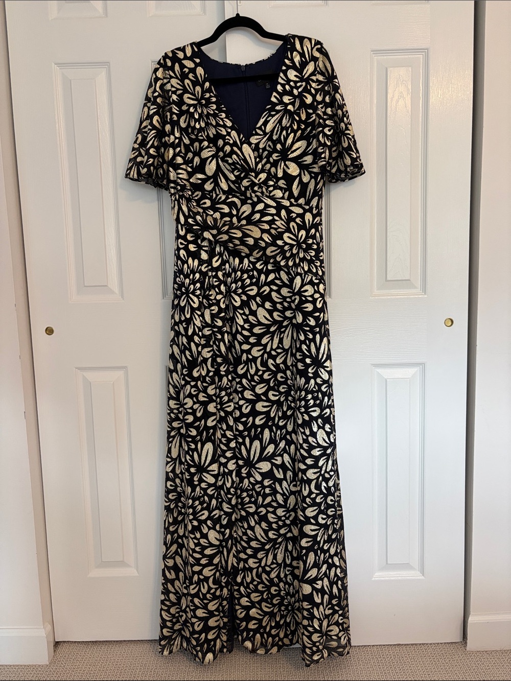Navy and Gold Floral Wrap Maxi Dress